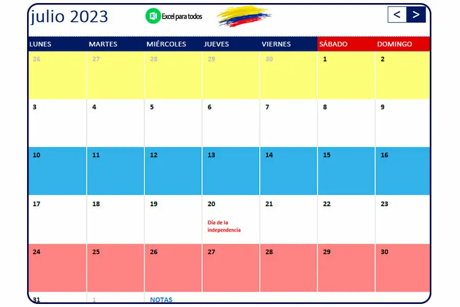 Calendario Julio 2023 colombia