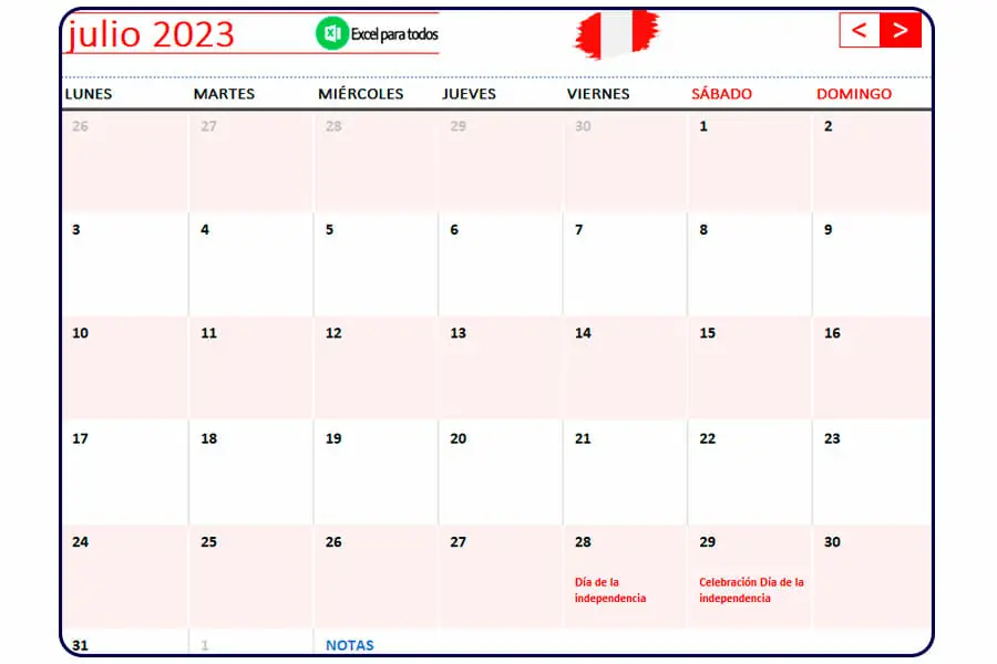 Calendario julio 2023 Peru