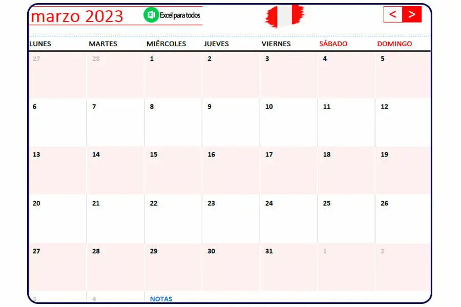 Calendario marzo 2023 Peru