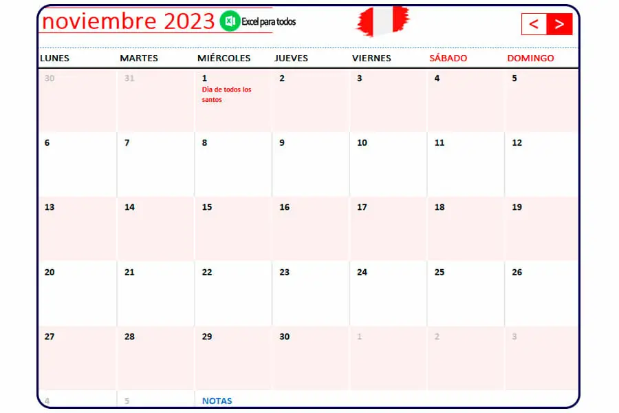 Calendario noviembre 2023 Peru