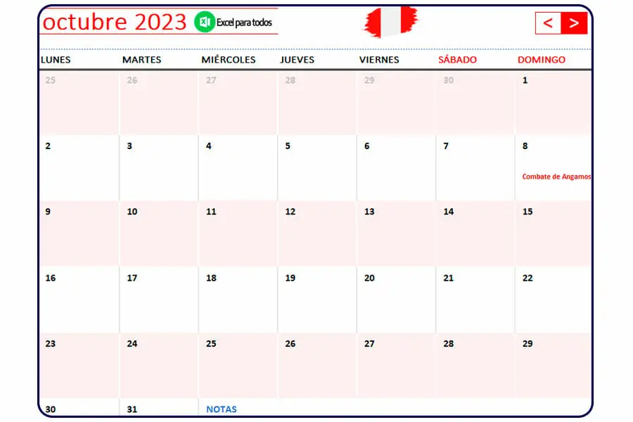 Calendario octubre 2023 Peru