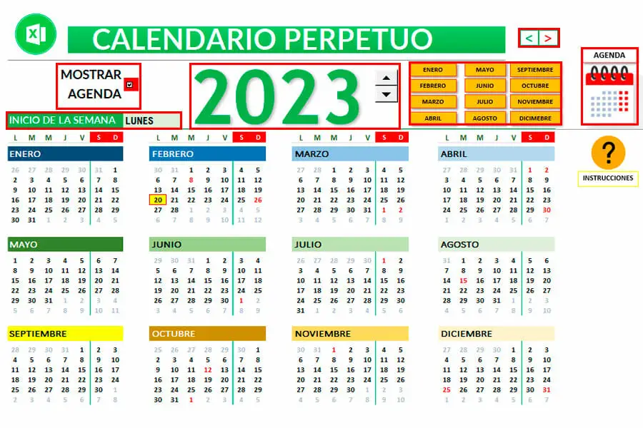 Plantilla Calendario Perpetuo con Agenda en Excel