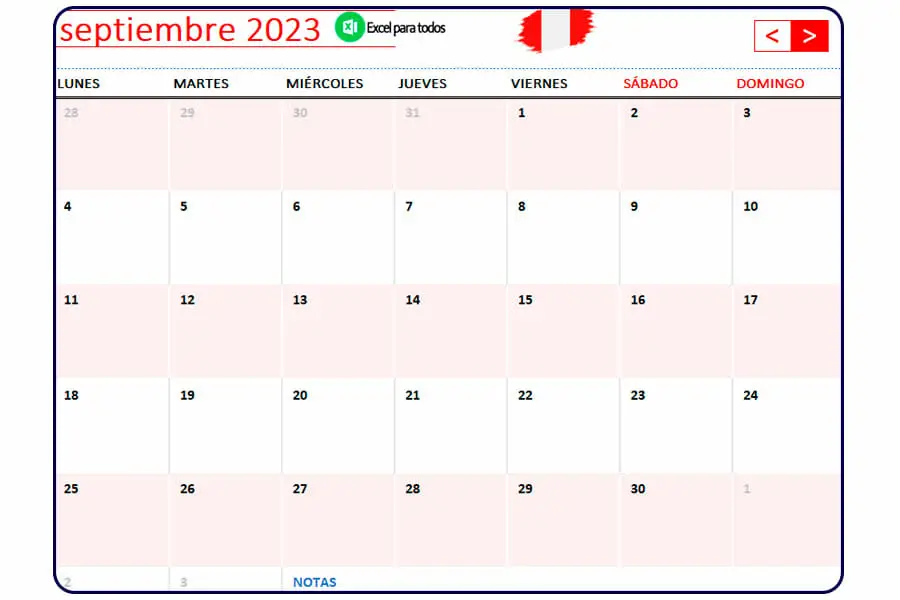 Calendario septiembre 2023 Peru