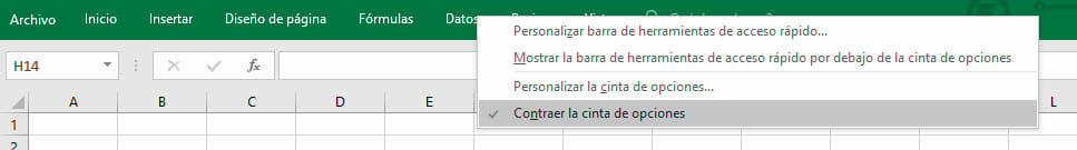 Contraer la cinta de opciones mostrar barra de herramientas en Excel