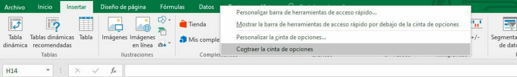 Contraer la cinta de opciones para ocultar la barra de herramientas en Excel