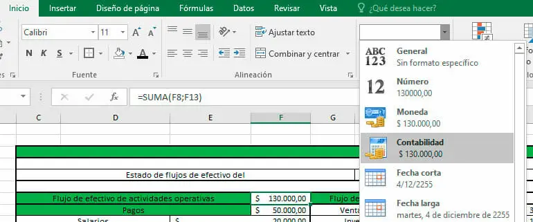 Formato celdas contabilidad estado de flujo de efectivo en Excel