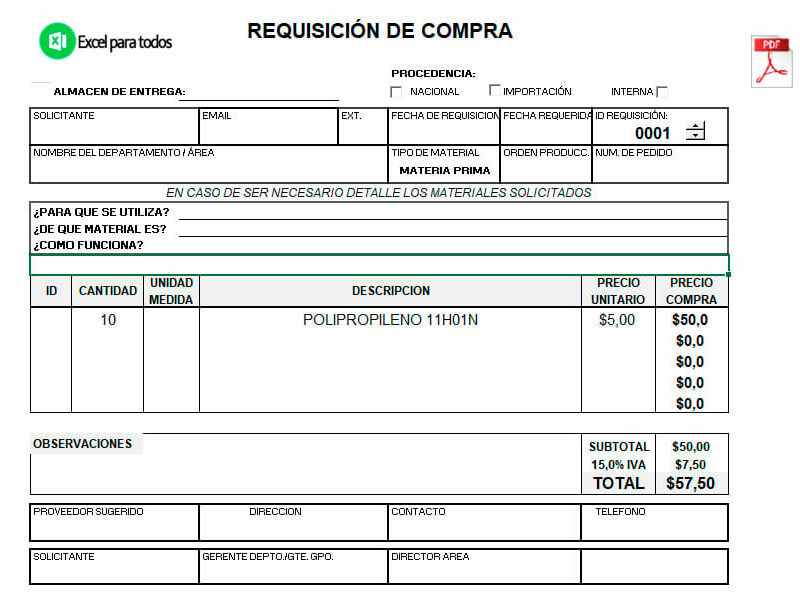 Formato de Requisición de compra en Excel