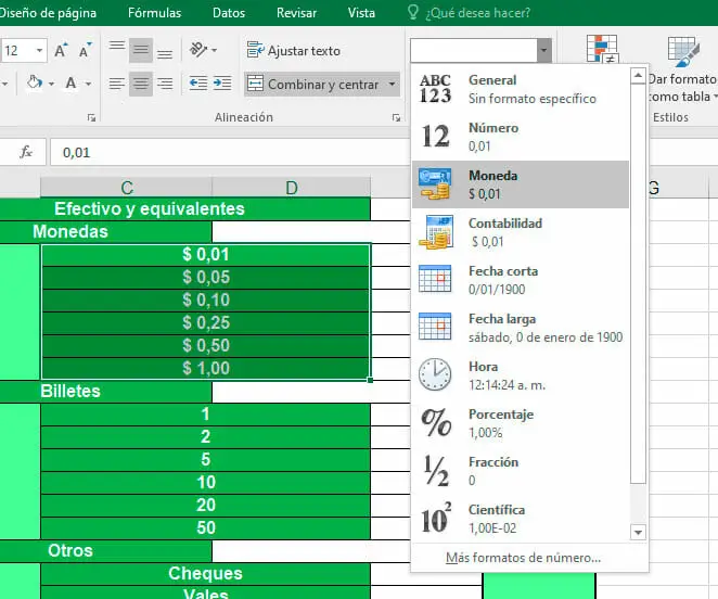 Formato moneda aplicado al arqueo de caja en Excel