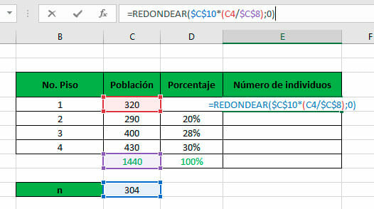 Funciones aplicada en Excel para calcular muestreo estratificado