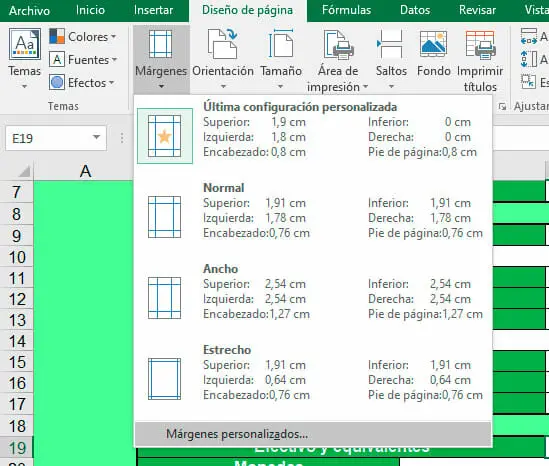 configurar márgenes en el arqueo de caja en Excel