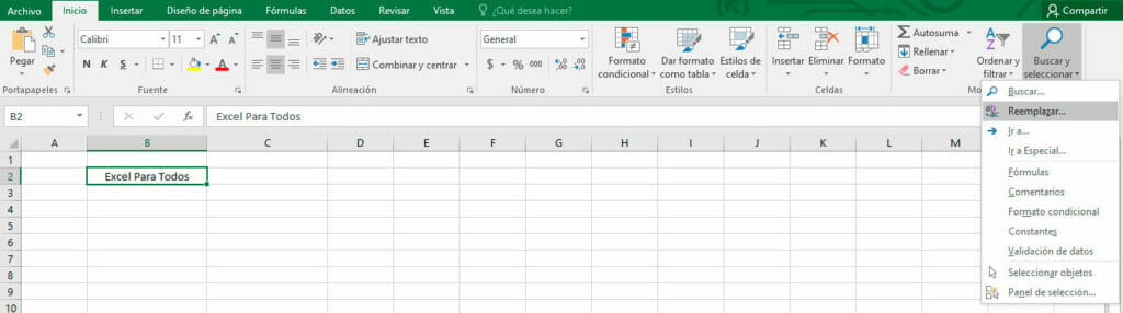 Opción buscar y seleccionar en Excel