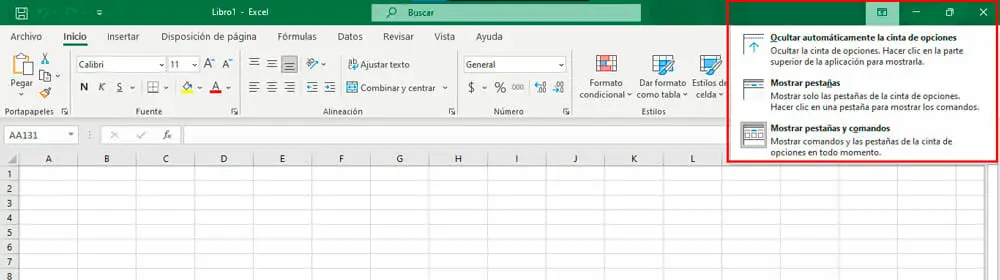opciones de presentación de la cinta de opciones | Barra de titulo de Excel