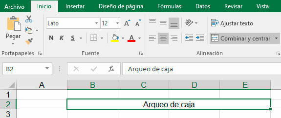 pasos para crear un arqueo de caja en Excel - combinar celdas para encabezados