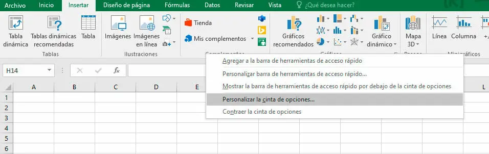Personalizar cinta de opciones para ocultar la barra de herramientas en Excel