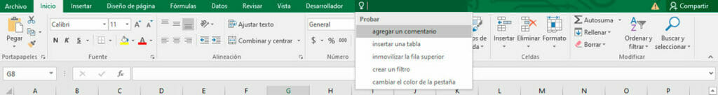 Pestaña ayuda en la cinta de opciones en Excel
