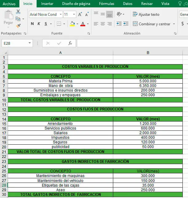Calcular el costo de producción en Excel