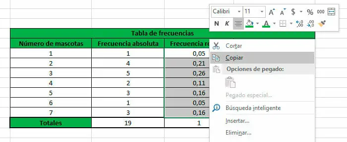 Calcular la frecuencia porcentual en Excel paso 2 - copiar los valores de la frecuencia relativa