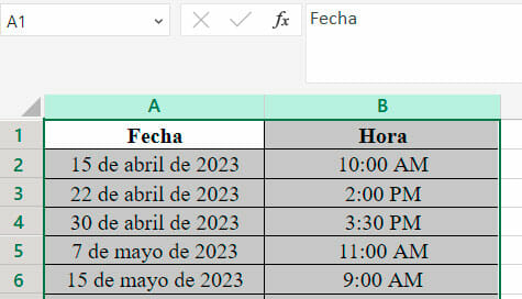Ejemplo de dato de fecha y hora en Excel