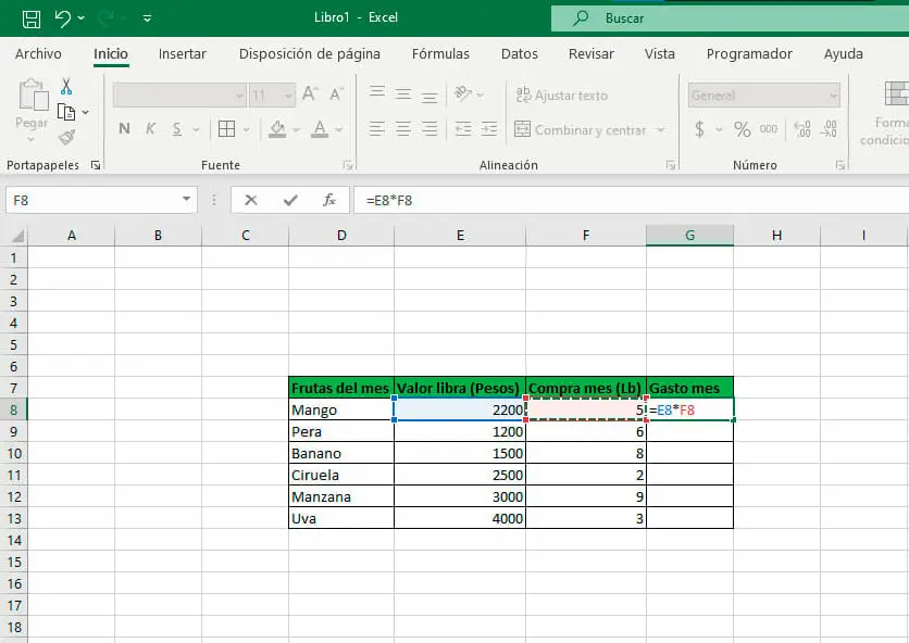 Ejemplo de formulas en Excel - paso 2 - multiplicar los valores