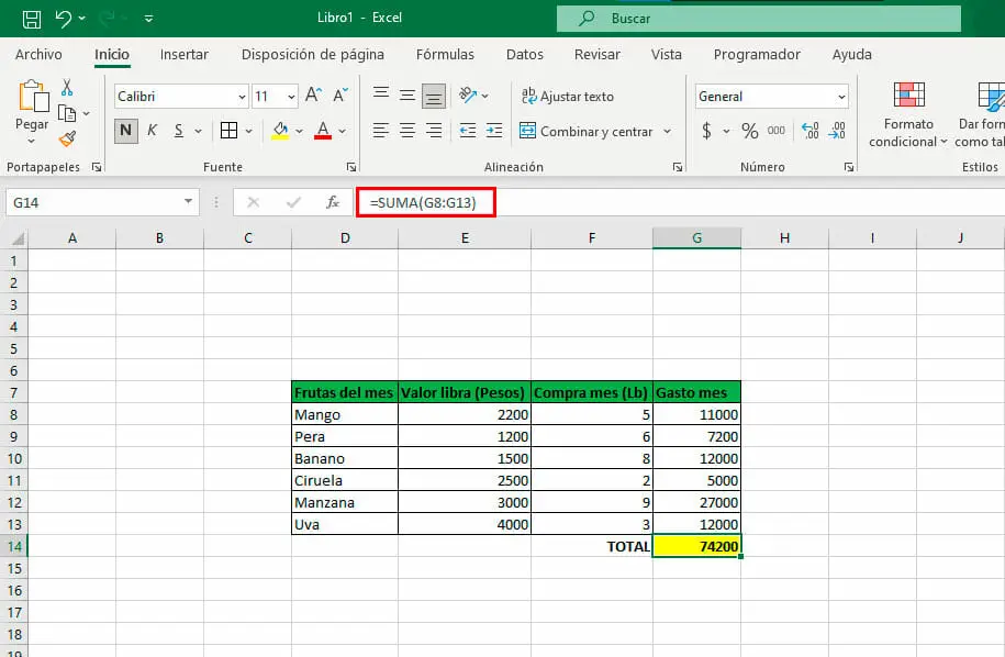 Ejemplo de formulas en Excel paso 3 - Suma de los valores