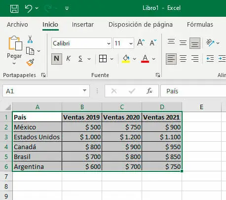 Hacer diagrama de barras en Excel paso 1