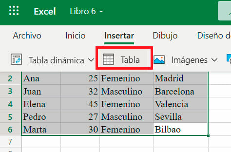 Insertar tabla paso para crear tabla de datos en Excel