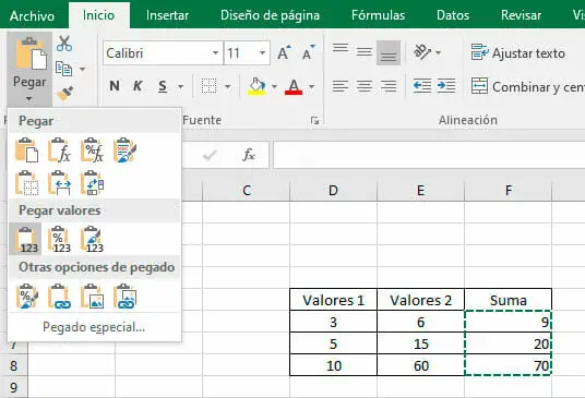 Pegar valores en Excel