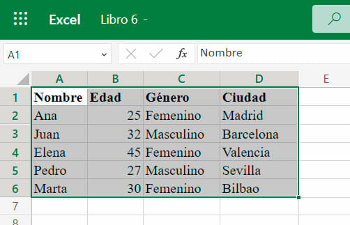 Seleccionar datos para crear tabla de datos en Excel