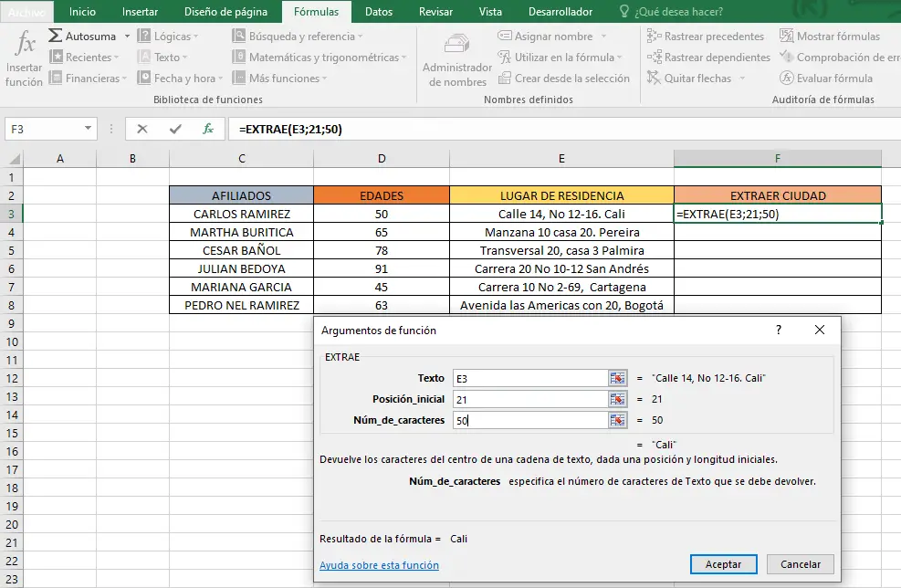 Ejemplo función EXTRAE en Excel paso 2