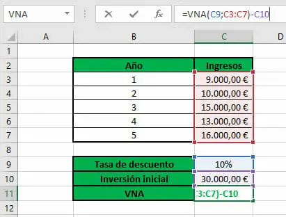 Calcular VNA en Excel