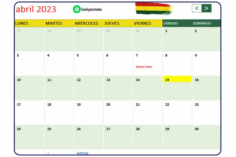 Calendario abril 2023 Bolivia