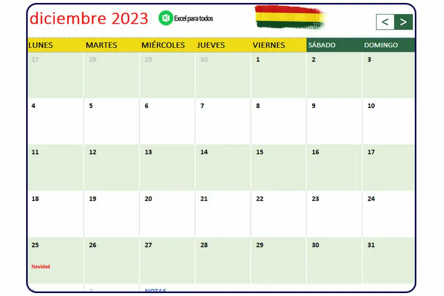 Calendario diciembre 2023 Bolivia