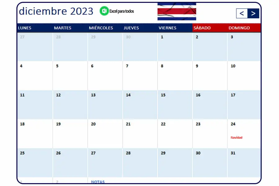 Calendario diciembre 2023 Costa Rica