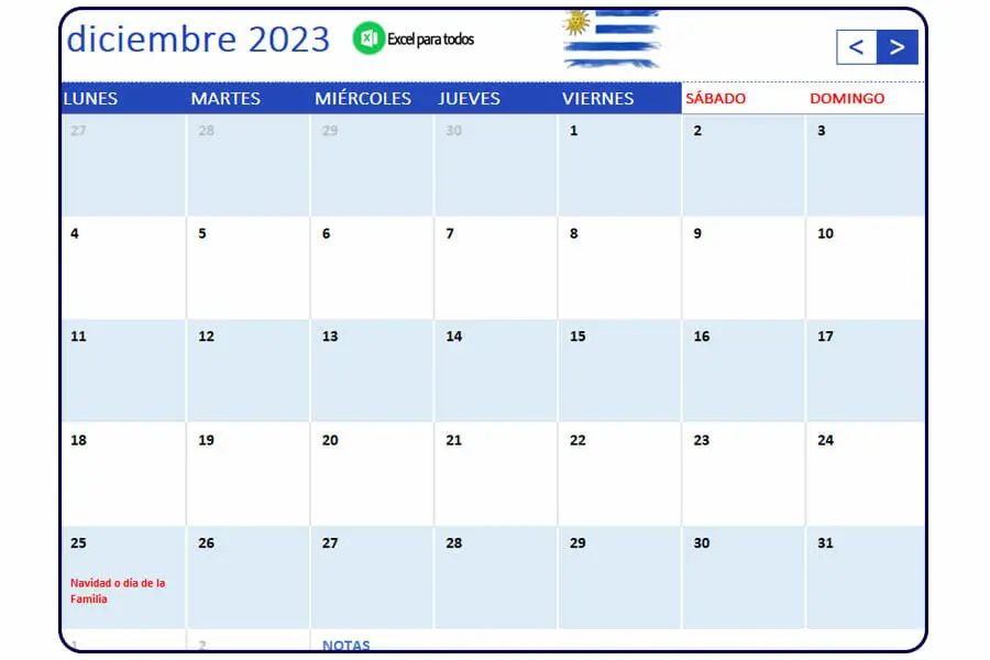 Calendario diciembre 2023 Uruguay