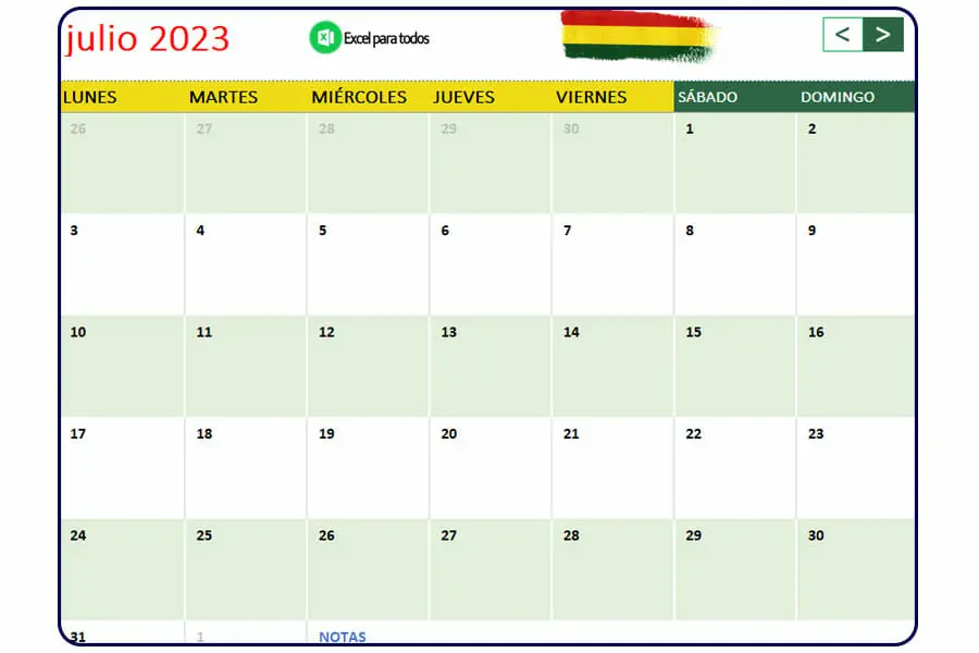 Calendario julio 2023 Bolivia