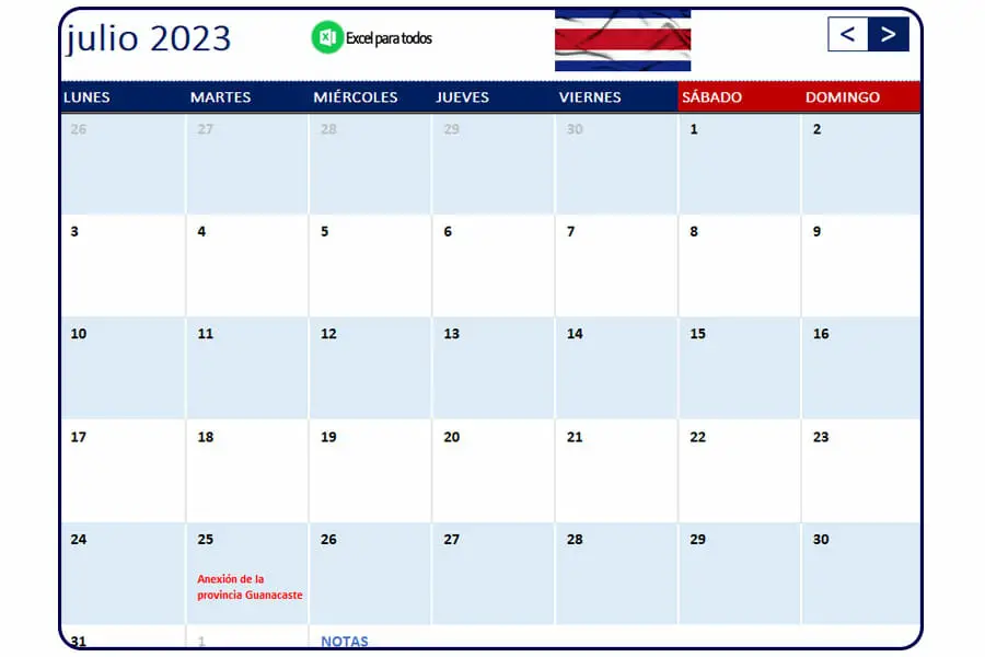 Calendario julio 2023 Costa Rica