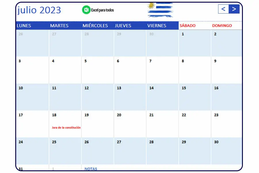 Calendario julio 2023 Uruguay