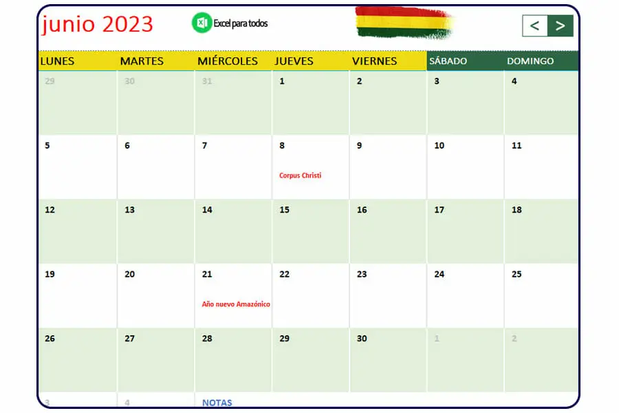 Calendario junio 2023 Bolivia