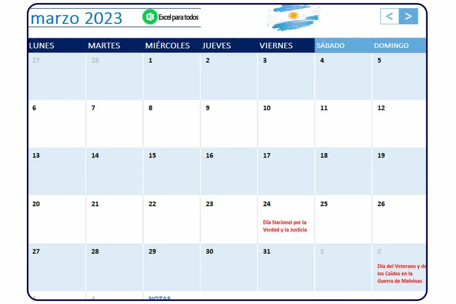 calendario marzo 2023 argentina
