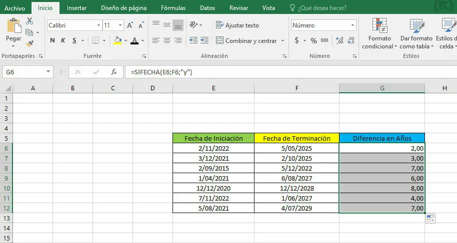 Calcular diferencia en años en Excel - Paso 4