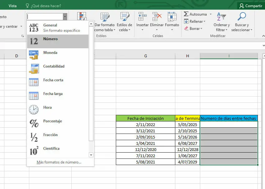 Calcular diferencia en días en Excel - Primer método - Paso 1