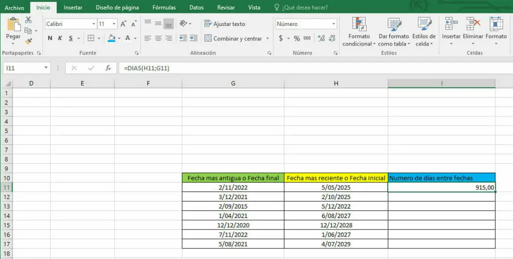 Calcular la diferencia en días en Excel - segundo método - paso 4