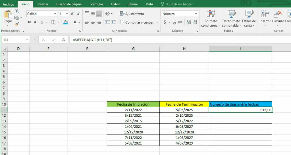Calcular la diferencia en días en Excel - Tercer método - paso 1