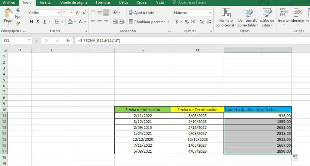 Diferencia en días en Excel - Tercer método - paso 2