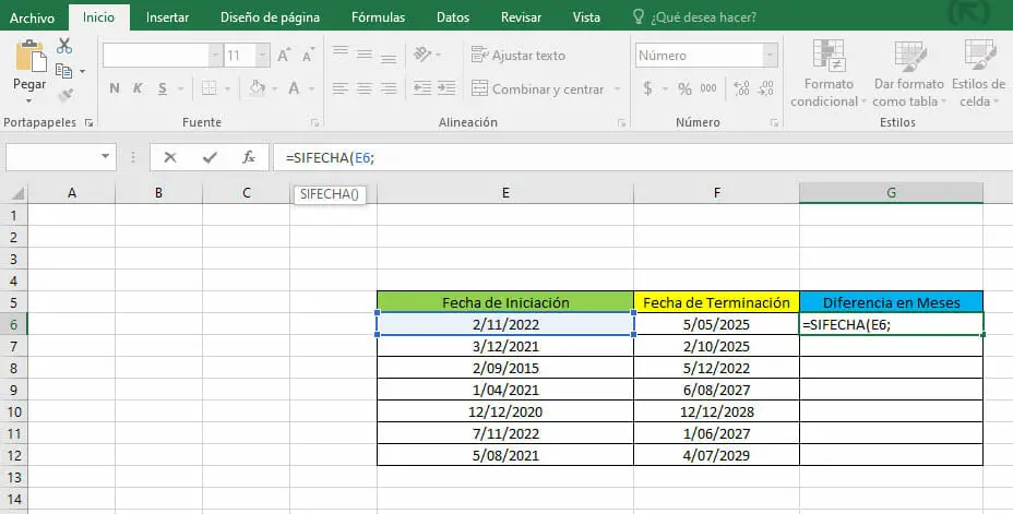 Calcular diferencia en meses en Excel - Paso 2