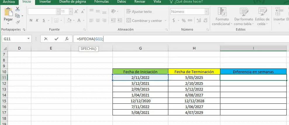 Calcular diferencia en semanas en Excel - Paso 2