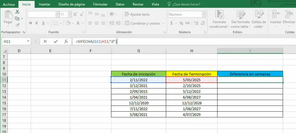 Calcular diferencia en semana en Excel - Paso 3