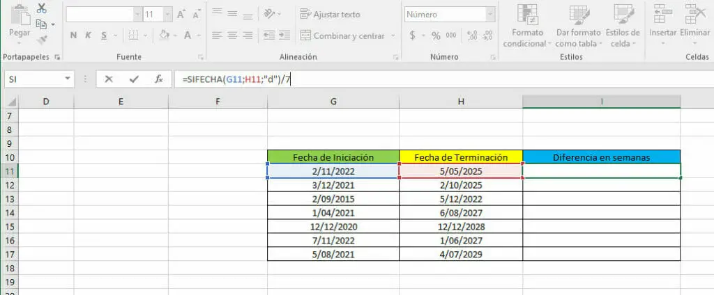 Calcular diferencia en semanas en Excel - Paso 4