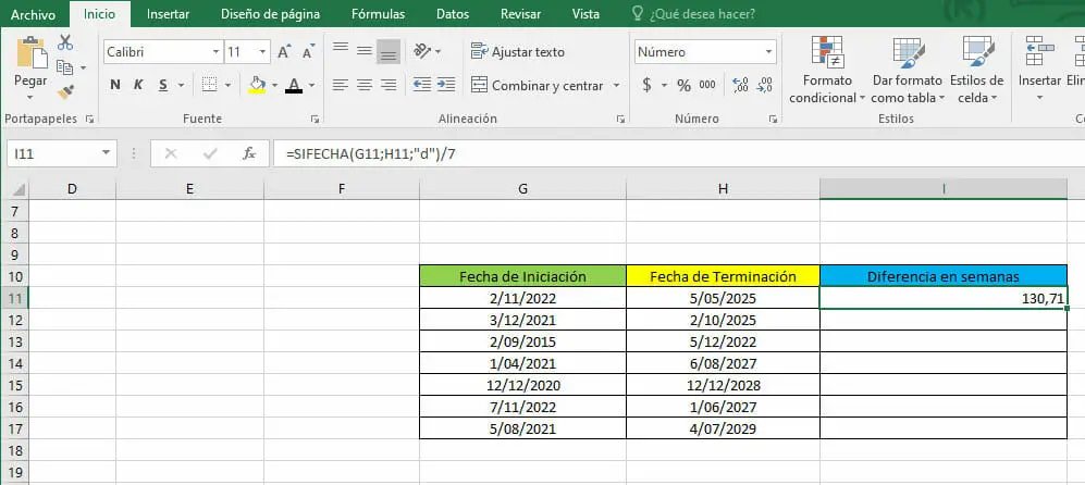 Calcular diferencia en semanas en Excel - Paso 5
