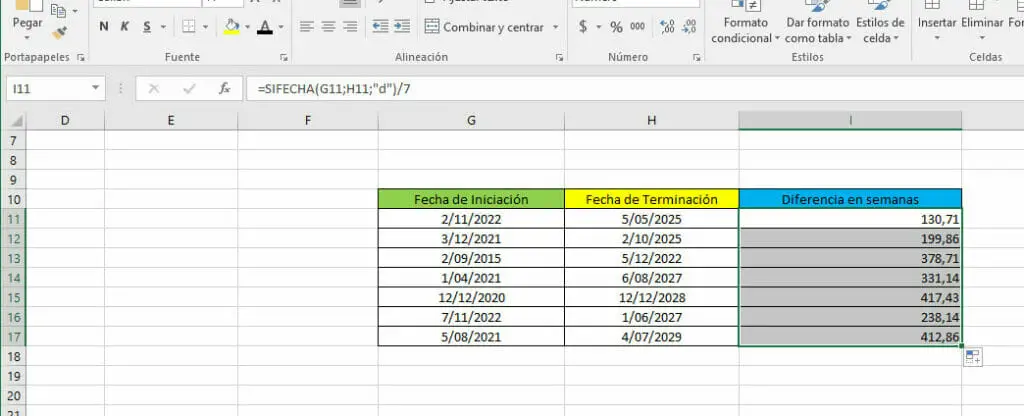 Calcular diferencia en semanas en Excel - Paso 6